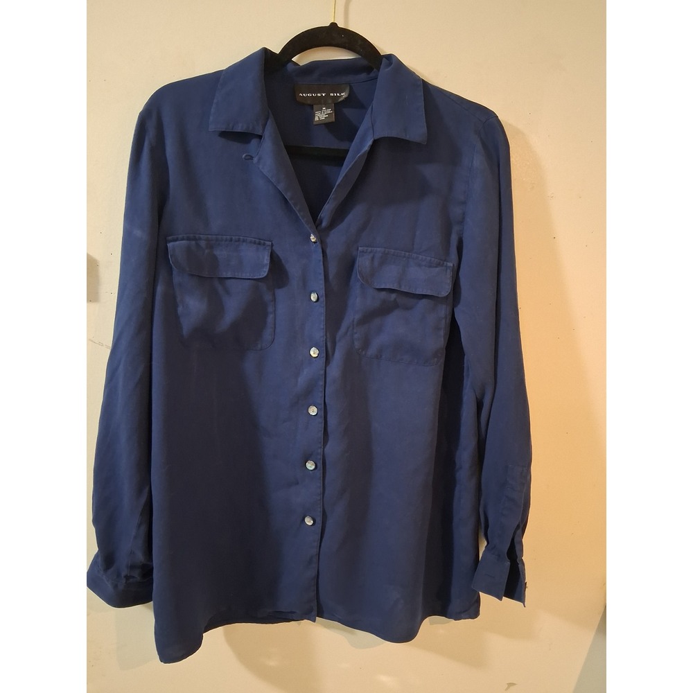 August Silk Navy Blue 100% Silk Ribbed Button Down Utility Shirt Blouse Medium